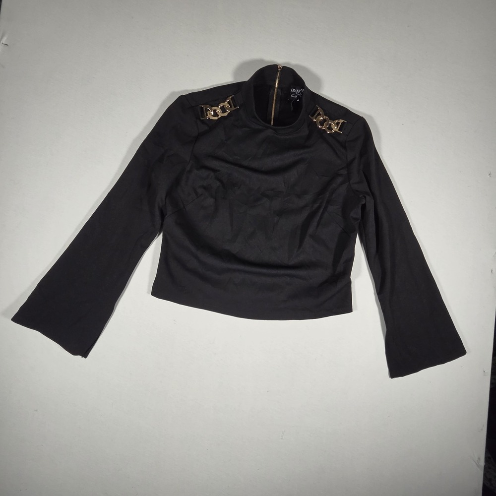 Frank Lyman Design Black Long Sleeve Blouse Gold Chain Detail Mock Neck Sz 12‎